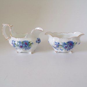 Hammersley Cornflower Blue Creamer and Sugar Bowl Set Bone China  2945